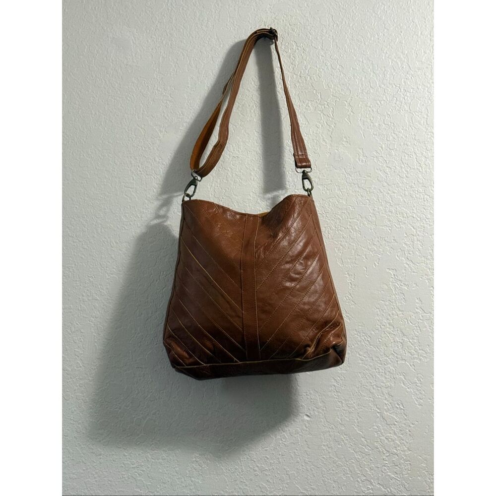 Panache chevron brown acorn leather crossbody bag purse 14x14